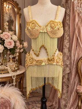 Vintage Beaded Fringe Showgirl Belly Dance Bra Belt Set Gold Sequin Costume